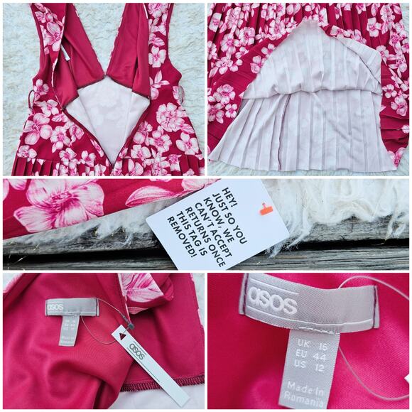 Pink Floral Dress ASOS Size 12 Plunge VNeck Belted Pleats Sleeveless Stretch - Picture 4 of 11